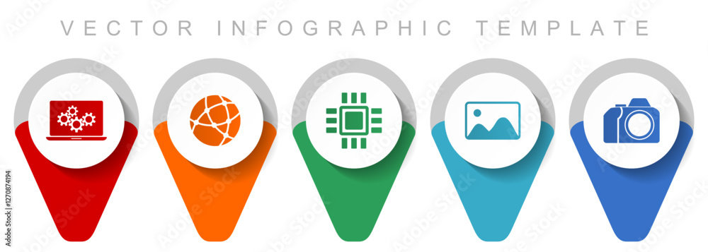 Aufkleber Computer and technology pointer collection, miscellaneous icons such as laptop, network, chip, image and photo camera, flat design vector infographic template in eps 10