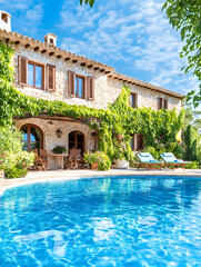 Luxurious stone home with pool. Resort living on a sunny day for relaxation