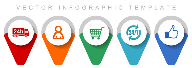 Shopping pointer collection, miscellaneous icons such as 24h delivery, customer, cart and like, flat design vector infographic template in eps 10