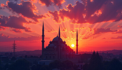 Fototapeta premium A mosque glowing under a fiery sunset sky, with its towering minarets standing tall, signifying the peaceful atmosphere of Ramadan.