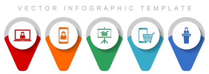 Online store pointer collection, miscellaneous icons such as customer service, seminar, cart and learning, flat design vector infographic template in eps 10