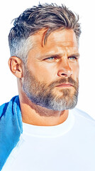 Obraz premium Man looking pensive against white, towel over shoulder, for advertising use
