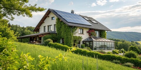 Obraz premium Eco-Friendly Modern House with Double Exposure: Solar Energy, Geothermal Power, Sustainable Living, Green Architecture, Renewable Resources, and Nature Integration