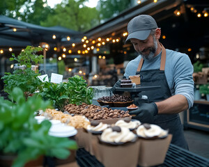 Man sells treats at street food stall with lights and food in the background