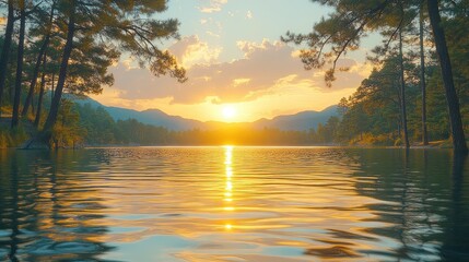 Serene sunset over tranquil lake with pine trees