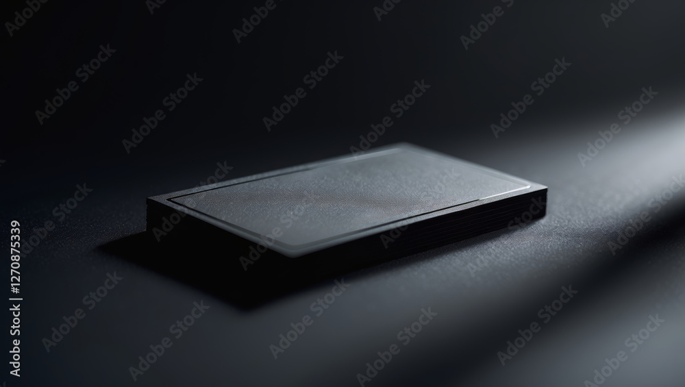 Poster black rectangular device rests on a dark surface, illuminated by a soft light in a minimalistic sett