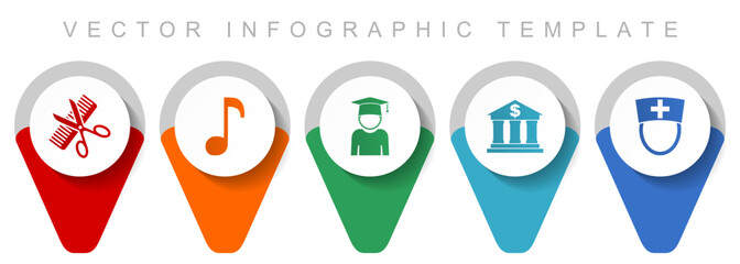 Education pointer collection, miscellaneous icons such as barber shop, music, study, bank and doctor, flat design vector infographic template in eps 10