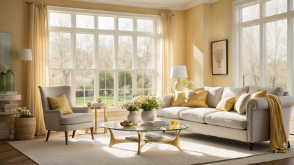 Fototapeta premium Serene Living Room Bathed in Golden Spring Sunlight Through a Large Glass Window