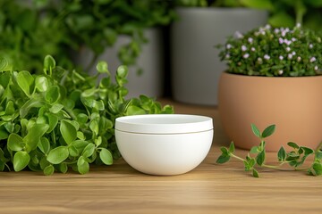 Fototapeta premium White cream jar, plants, wooden table, greenery background, product display