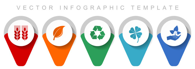 Agriculture pointer collection, miscellaneous icons such as wheat, leaf, recycling, clover and seedling, flat design vector infographic template in eps 10