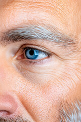 Mature man clear blue eye, wrinkles, aging skin, focus on sight & vision in detail