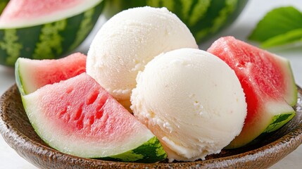 Refreshing Summer Dessert with Watermelon Slices and Creamy Ice Cream Scoops in Rustic Bowl