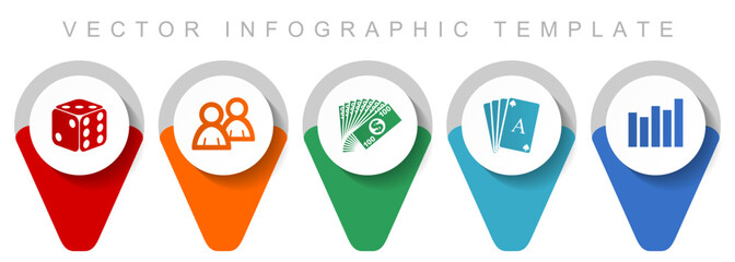 Casino pointer collection, miscellaneous icons such as dice, playing cards and money, flat design vector infographic template in eps 10