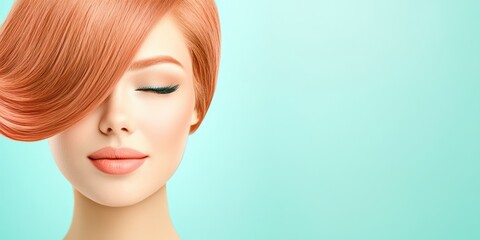 Obraz premium Elegant Model with Soft Coral Hair and Closed Eyes on Light Background