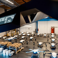 The cold fluorescent lighting enhances the futuristic and sterile atmosphere, showcasing the seamless integration of robotics and AI in modern warehouse operations. 