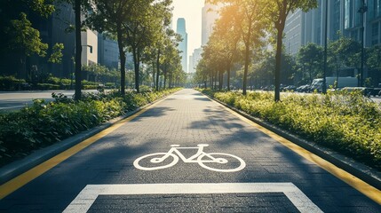 Obraz premium Urban Bike Path Surrounded by Trees and Tall City Buildings