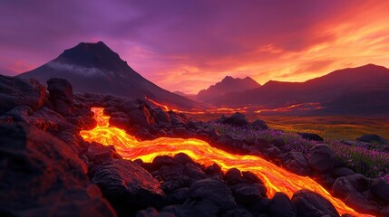 Volcanic landscapes idea. A stunning volcanic landscape at sunset with vibrant molten lava flowing.
