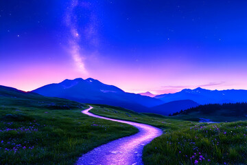Fototapeta premium Night path leads through the mountain under starry sky. Travel concept use