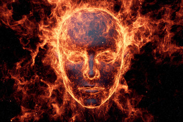 A fiery abstract representation of a human face in flames.