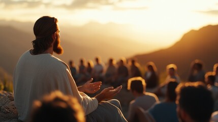 Jesus inspires a gathering at sunset mountainside religious event spiritual reflection natural landscape inspirational teachings