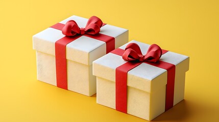 Fototapeta premium Two white gift boxes with red bows on a yellow background tied with red knots in 3d design