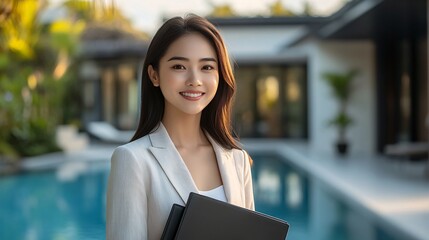 Naklejka premium Smiling young businesswoman stands near a swimming pool