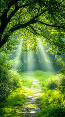Obraz premium Pathway through sunlit green forest. Nature scenery for walks and relaxation