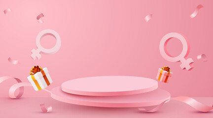 Women's day banner for product demonstration. Pink pedestal or podium with women symbol on pink background.