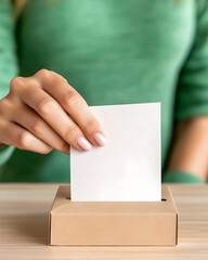 Fototapeta premium Person voting, dropping blank vote in box. Democracy in action, blurred view