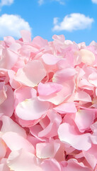 Fototapeta premium Pink rose petals background, closeup of pile, sky background for event or wedding