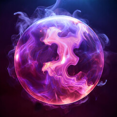 Obraz premium Abstract round magical energy sphere. Glowing electric ball in neon pink purple clouds of smoke.