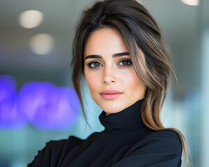 Fototapeta premium Portrait of a beautiful woman in an office with blurred background. For web use
