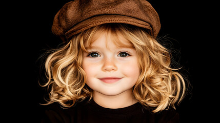 Portrait of a cute little girl with hat, smiling on a black background for advertising