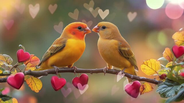 Romantic Pair of Yellow Birds Perched on a Branch with Heart Decorations