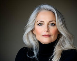 Fototapeta premium Portrait of a mature woman, silver hair, black turtleneck on a plain background