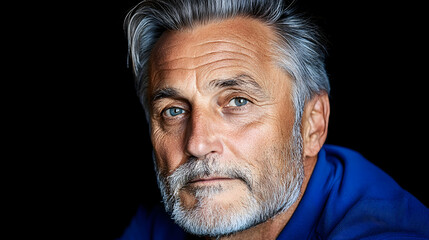 Obraz premium Portrait of a mature man, face close-up, silver hair, blue eyes, black background