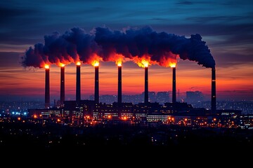 Smoke and steam rise into the air from the power plant stacks; dark clouds form a backdrop; illustrating environmental pollution and climate change