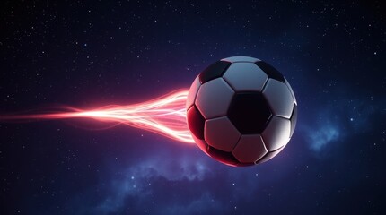 Fototapeta premium Motion of a soccer ball soaring through a cosmic background with vibrant energy trails