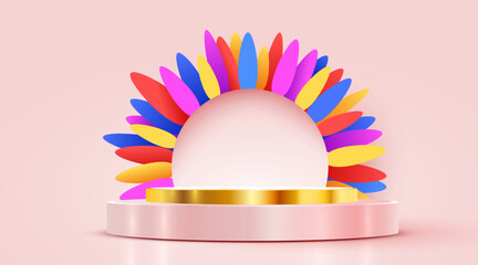 Women's day banner for product demonstration. Pink pedestal or podium with number flowers on pink background