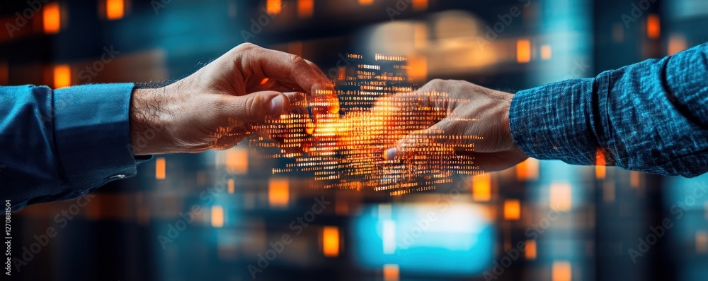 Poster Hands Connecting with Digital Data Flow and Technology Background
