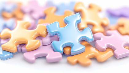 Fototapeta premium Puzzle pieces, variety of pastel colors close up, scattered on surface