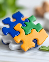Fototapeta premium Puzzle pieces connected on wooden surface; depicting teamwork, or problem solving
