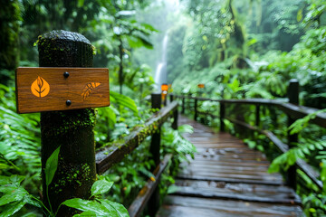 Rainforest boardwalk path, waterfall background, nature trail signs