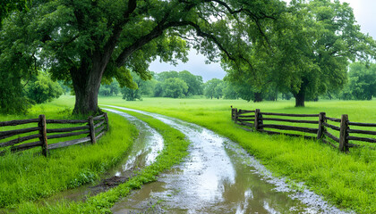 Rainy rural scene; Road with puddles through the trees. Stock photo
