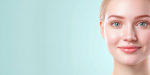 Fototapeta premium Radiant Young Woman with Clear Skin and Bright Blue Eyes Smiling