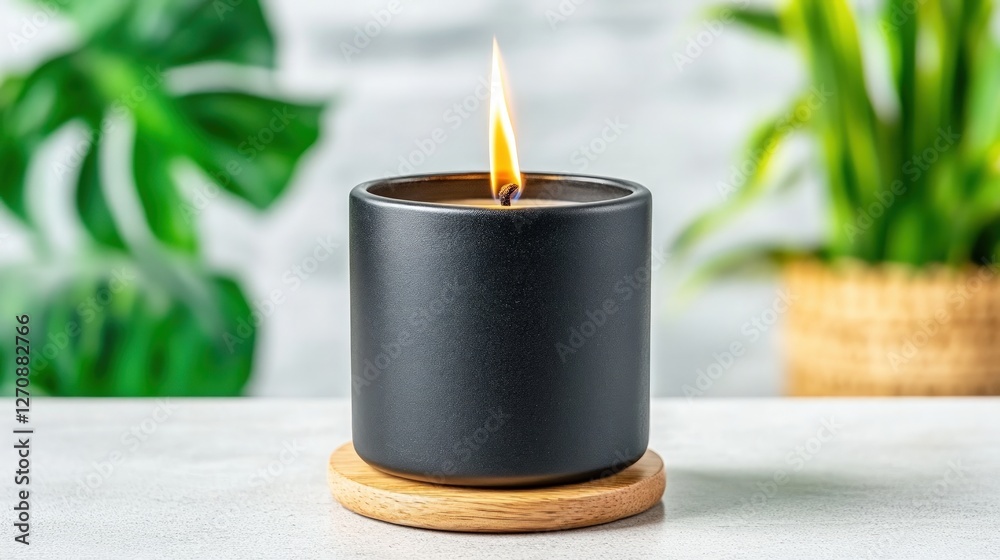 Poster modern black candle in minimalist setting with greenery background