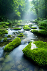 Obraz premium River flowing through lush green forest landscape in misty weather, stock photo