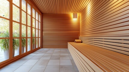 Cozy and Inviting Wooden Sauna Interior with Natural Light and Greenery for Relaxation and Wellness Retreat Concept