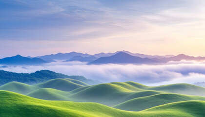 Rolling green hills at dawn, mountain range background with pastel sky, serene view