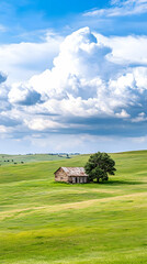 Obraz premium Rustic Cabin in Field under Cloudy Sky, Remote, for travel, solitude, nature